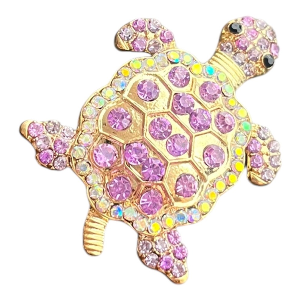 Sea Turtle Brooch Pin 1.75" Gold Tone Rhinestone Purple AB Crystal